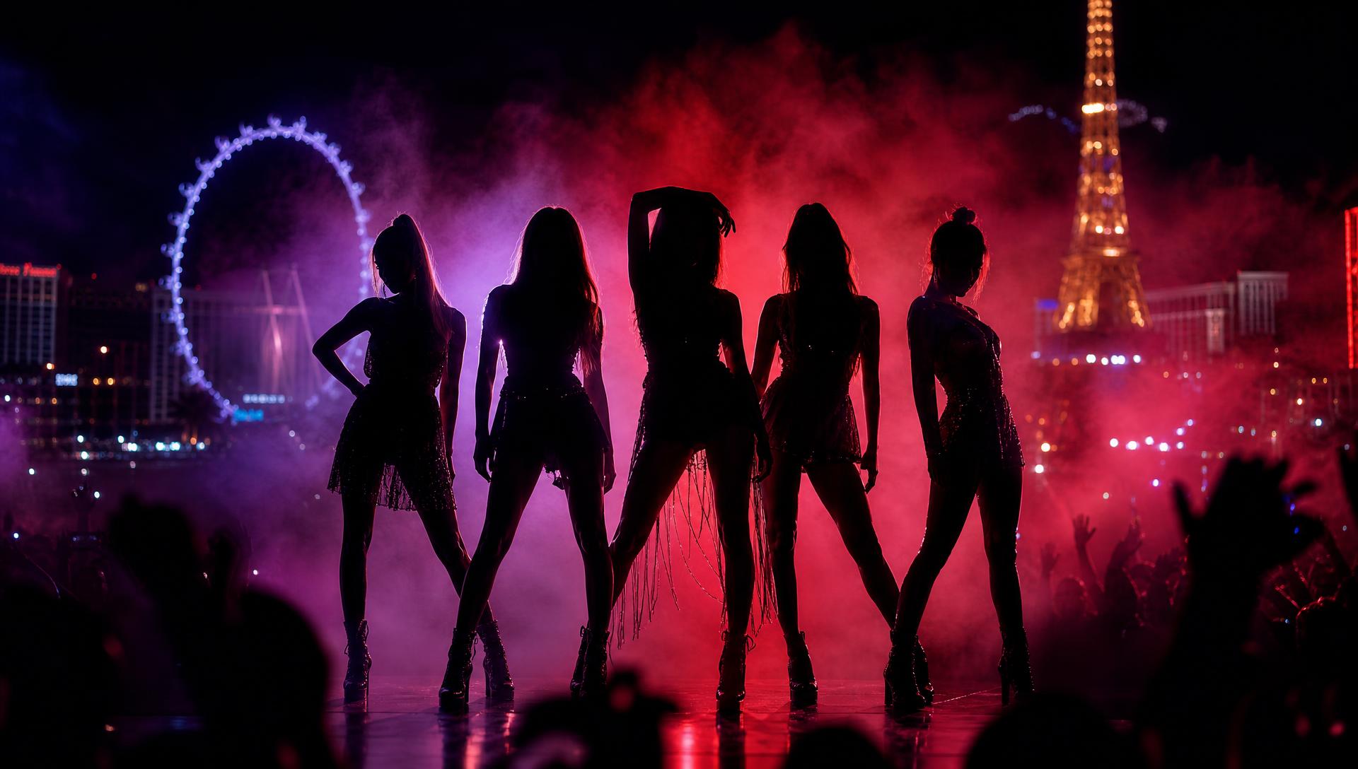 Five girls silhouetted on a Las Vegas stage in violet and magenta light